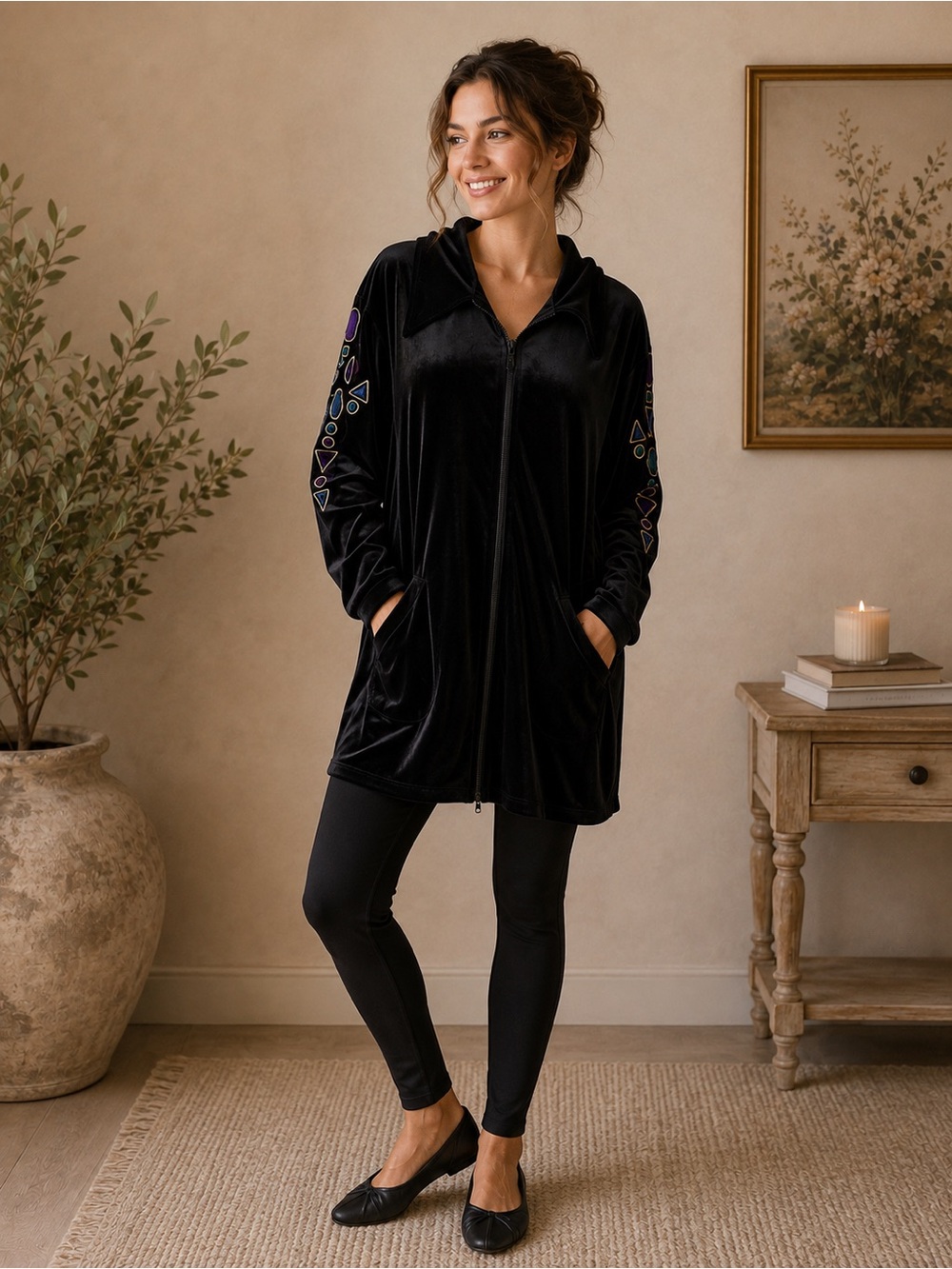 Bob Mackie Wearable Art Velour Zip Jacket 2X Black Embroidered Art To Wear Jewel - Picture 2 of 9